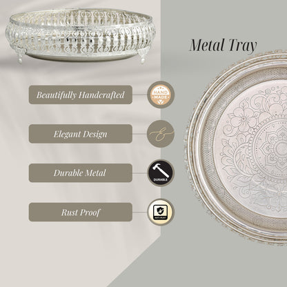 Ornate Silver-Plated Decorative Round Tray – Etched Base Design Serving Platter for Dining Table, Events & Home Décor