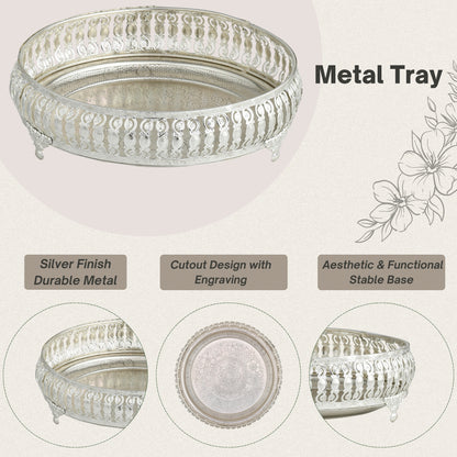 Ornate Silver-Plated Decorative Round Tray – Etched Base Design Serving Platter for Dining Table, Events & Home Décor
