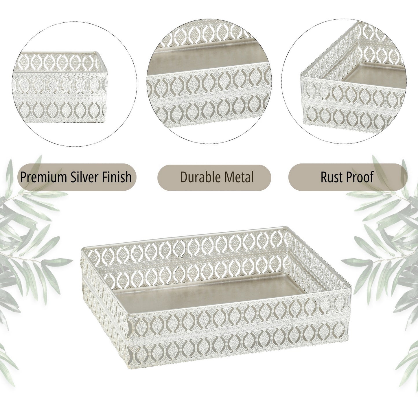 Luxury Rectangular Metal Vanity Tray | Silver Plated