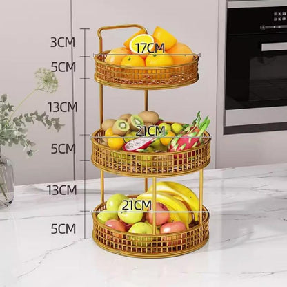 3-Tier Gold Metal Fruit Basket – Stylish Countertop Organizer with Handle for Kitchen & Dining