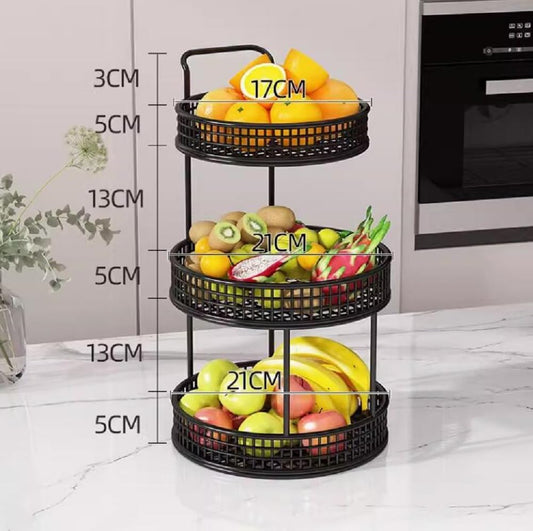 3-Tier Black Metal Fruit Basket – Sleek Kitchen Counter Organizer with Handle