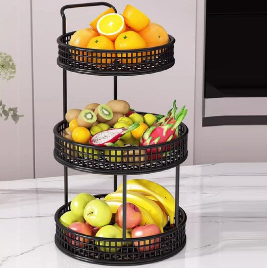 3-Tier Black Metal Fruit Basket – Sleek Kitchen Counter Organizer with Handle