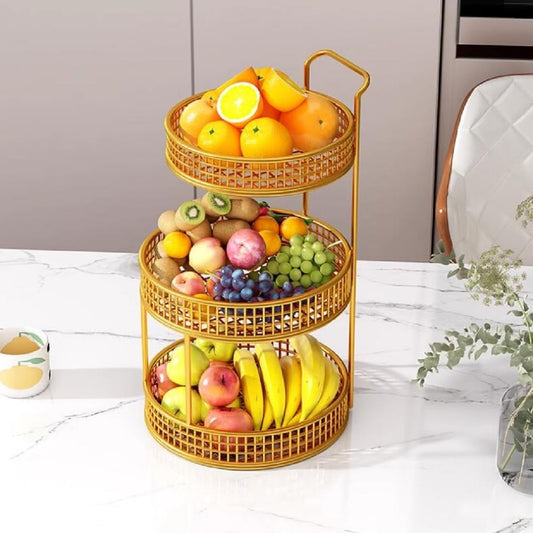 3-Tier Gold Metal Fruit Basket – Stylish Countertop Organizer with Handle for Kitchen & Dining