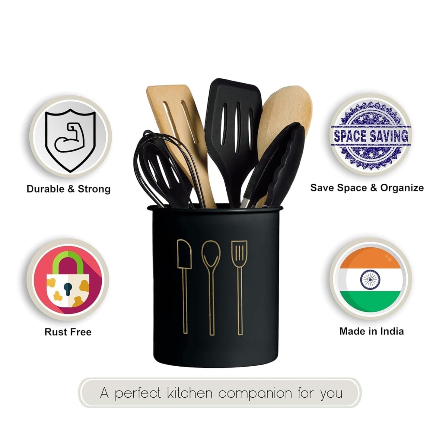 Elegant Black Utensil Holder with Cooking Tools – Countertop Organizer for Spatulas, Spoons, Whisks & Tongs