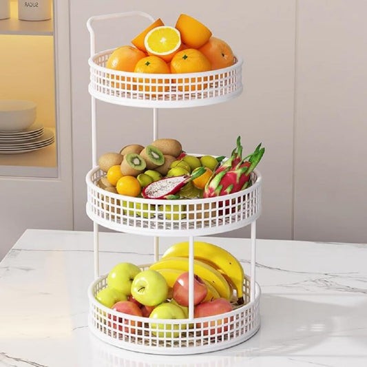 3-Tier White Metal Fruit Basket – Modern Counter Organizer with Handle for Kitchen & Dining Table