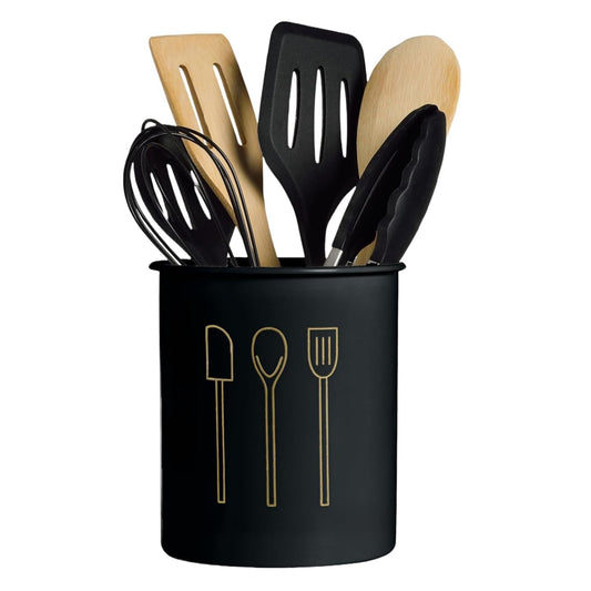 Elegant Black Utensil Holder with Cooking Tools – Countertop Organizer for Spatulas, Spoons, Whisks & Tongs