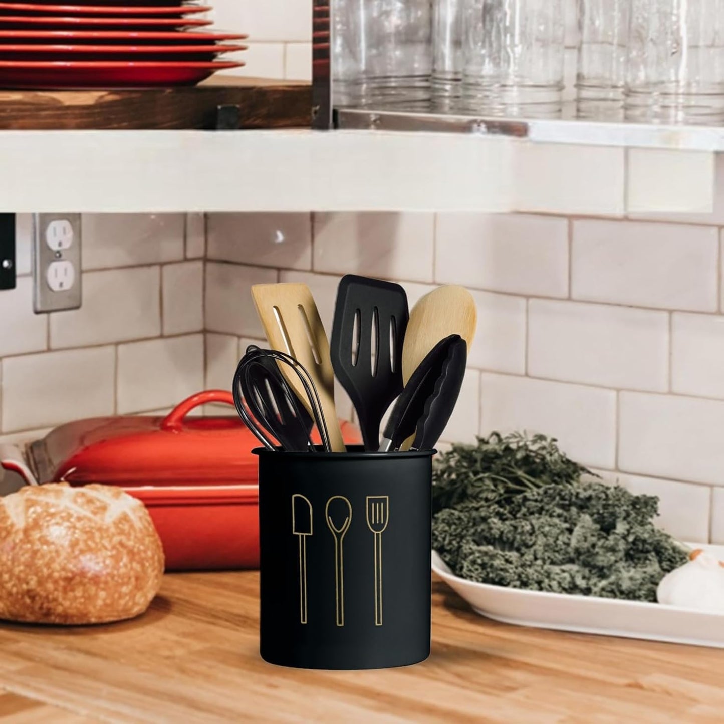 Elegant Black Utensil Holder with Cooking Tools – Countertop Organizer for Spatulas, Spoons, Whisks & Tongs