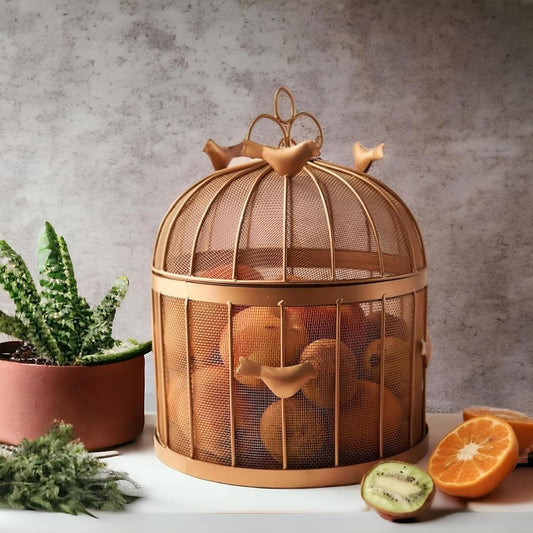 Vintage Birdcage Fruit Basket with Lid – Decorative Metal Storage for Countertop Display of Fruits, Snacks & More
