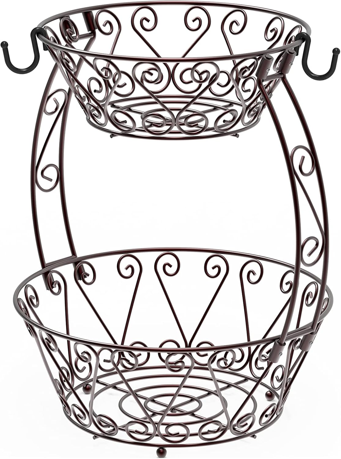 2-Tier Vintage Black Metal Fruit Basket with Banana Hook – Elegant Countertop Organizer for Fruits, Snacks & More