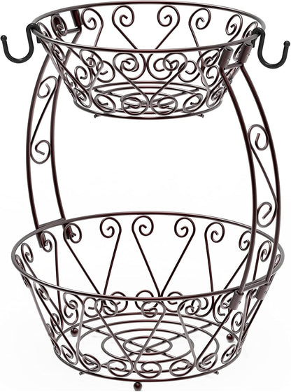 2-Tier Vintage Black Metal Fruit Basket with Banana Hook – Elegant Countertop Organizer for Fruits, Snacks & More