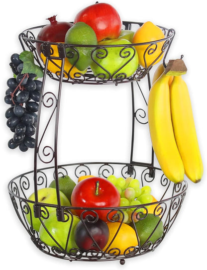2-Tier Vintage Black Metal Fruit Basket with Banana Hook – Elegant Countertop Organizer for Fruits, Snacks & More