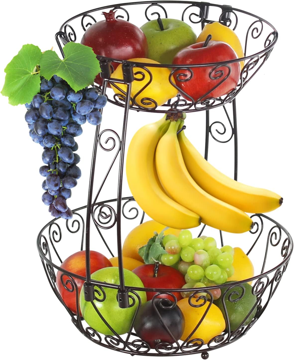 2-Tier Vintage Black Metal Fruit Basket with Banana Hook – Elegant Countertop Organizer for Fruits, Snacks & More