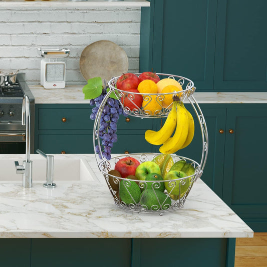 Elegant 2-Tier Silver Fruit Basket with Banana Hook – Decorative Metal Countertop Stand