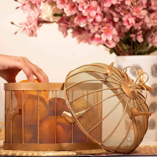 Vintage Birdcage Fruit Basket with Lid – Decorative Metal Storage for Countertop Display of Fruits, Snacks & More