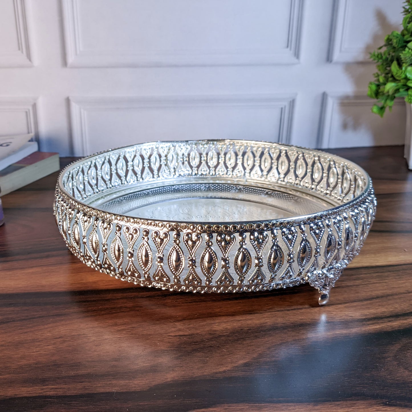 Elegant Silver-Plated Decorative Bowl for Home, Pooja & Festive Decor – Intricately Carved Traditional Design