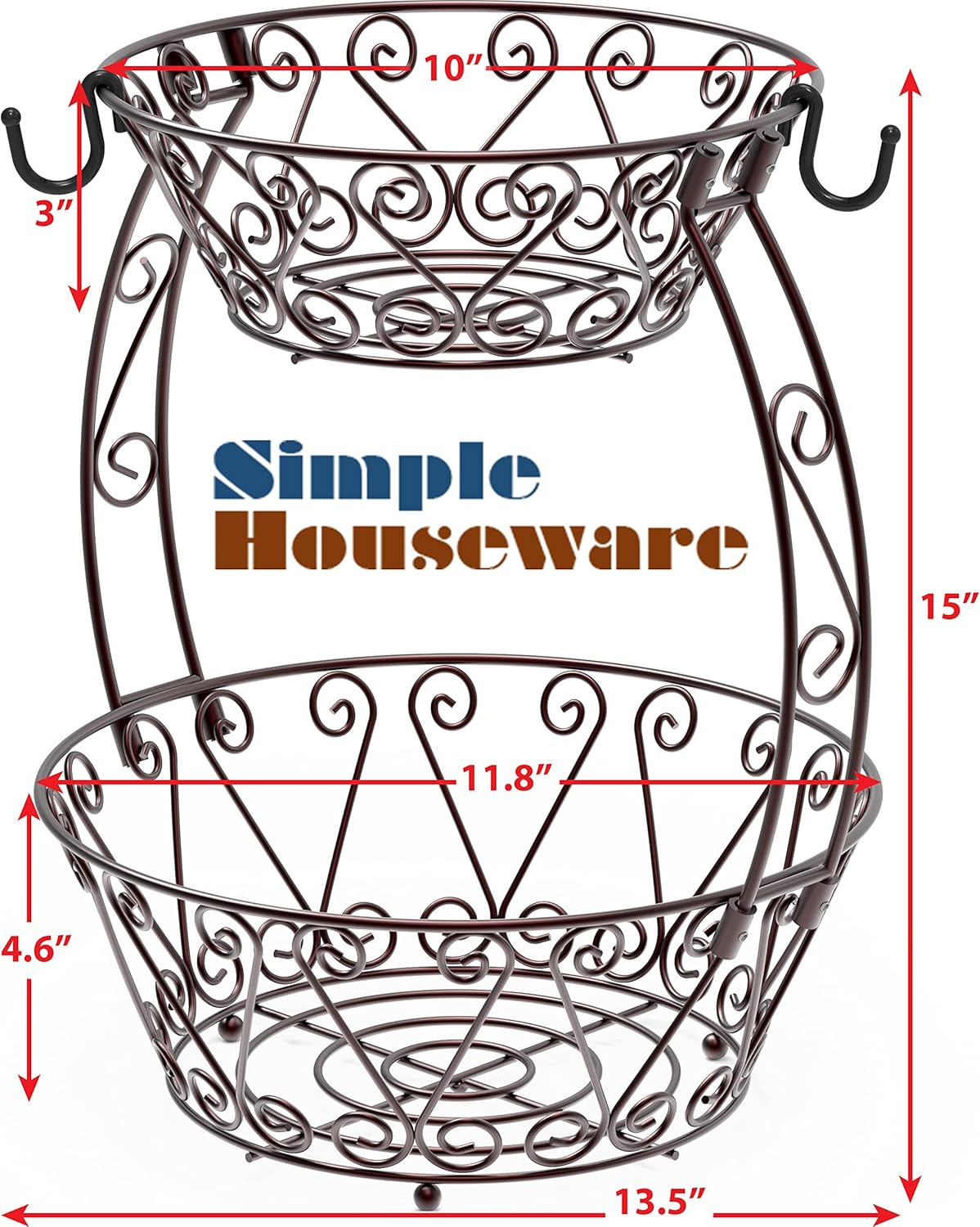 2-Tier Vintage Black Metal Fruit Basket with Banana Hook – Elegant Countertop Organizer for Fruits, Snacks & More