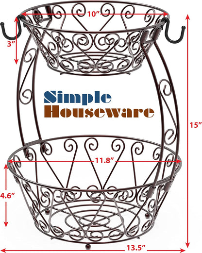 2-Tier Vintage Black Metal Fruit Basket with Banana Hook – Elegant Countertop Organizer for Fruits, Snacks & More