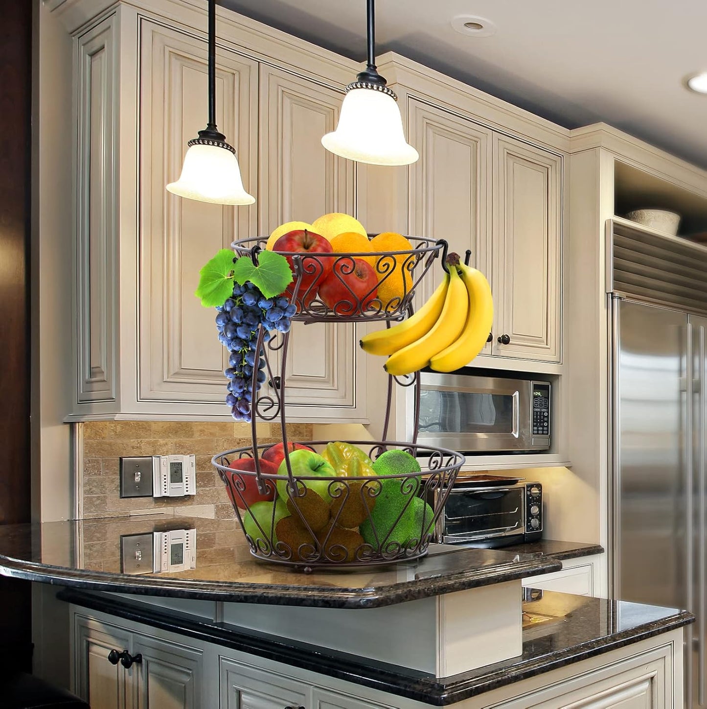 2-Tier Vintage Black Metal Fruit Basket with Banana Hook – Elegant Countertop Organizer for Fruits, Snacks & More