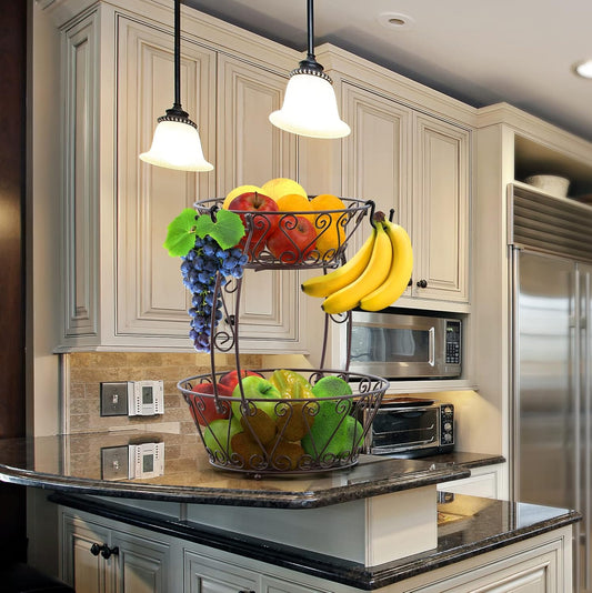 2-Tier Vintage Black Metal Fruit Basket with Banana Hook – Elegant Countertop Organizer