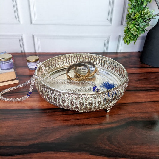 Elegant Silver-Plated Decorative Bowl for Home, Pooja & Festive Decor – Intricately Carved Traditional Design