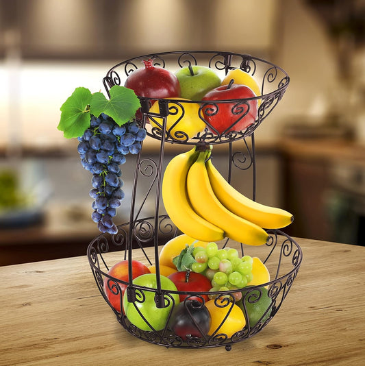 2-Tier Vintage Black Metal Fruit Basket with Banana Hook – Elegant Countertop Organizer