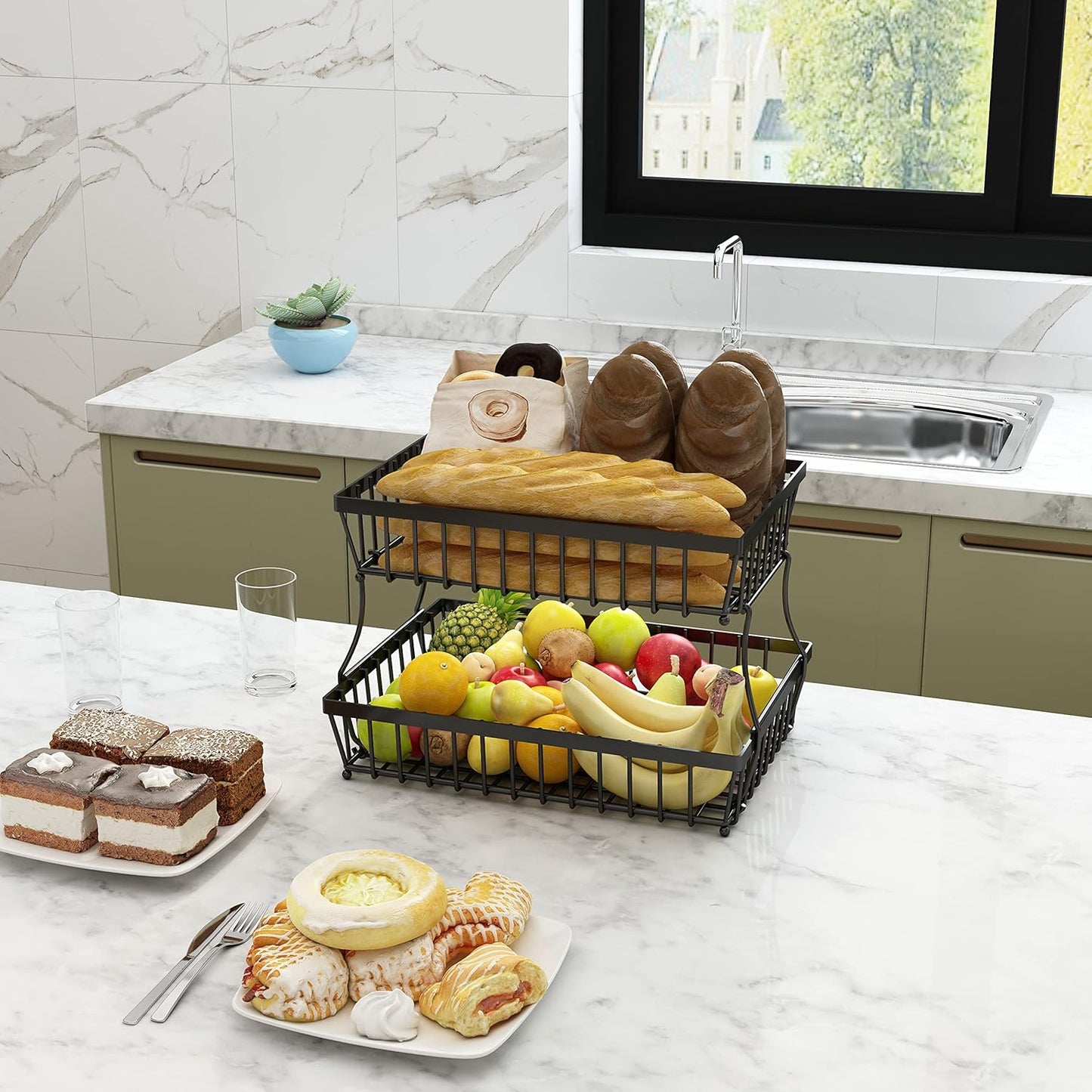 2-Tier Metal Storage Basket – Multipurpose Counter Organizer for Fruits, Snacks & Pantry Essentials