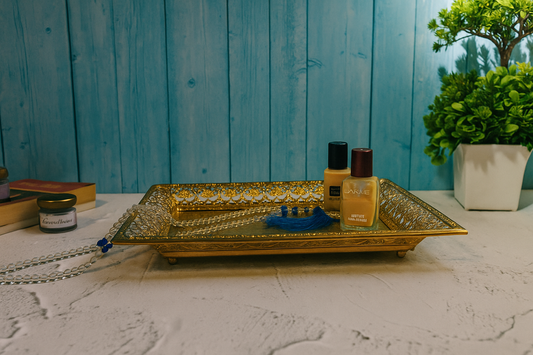 Elegant Golden Decorative Tray for Makeup, Jewelry & Home Décor – Antique Finish, Premium Design