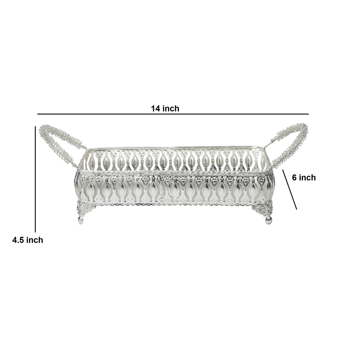 Rectangular Silver-Tone Ornate Tray – Scrolled Handles & Raised Edges for Serving, Display, or Decorative Centerpiece