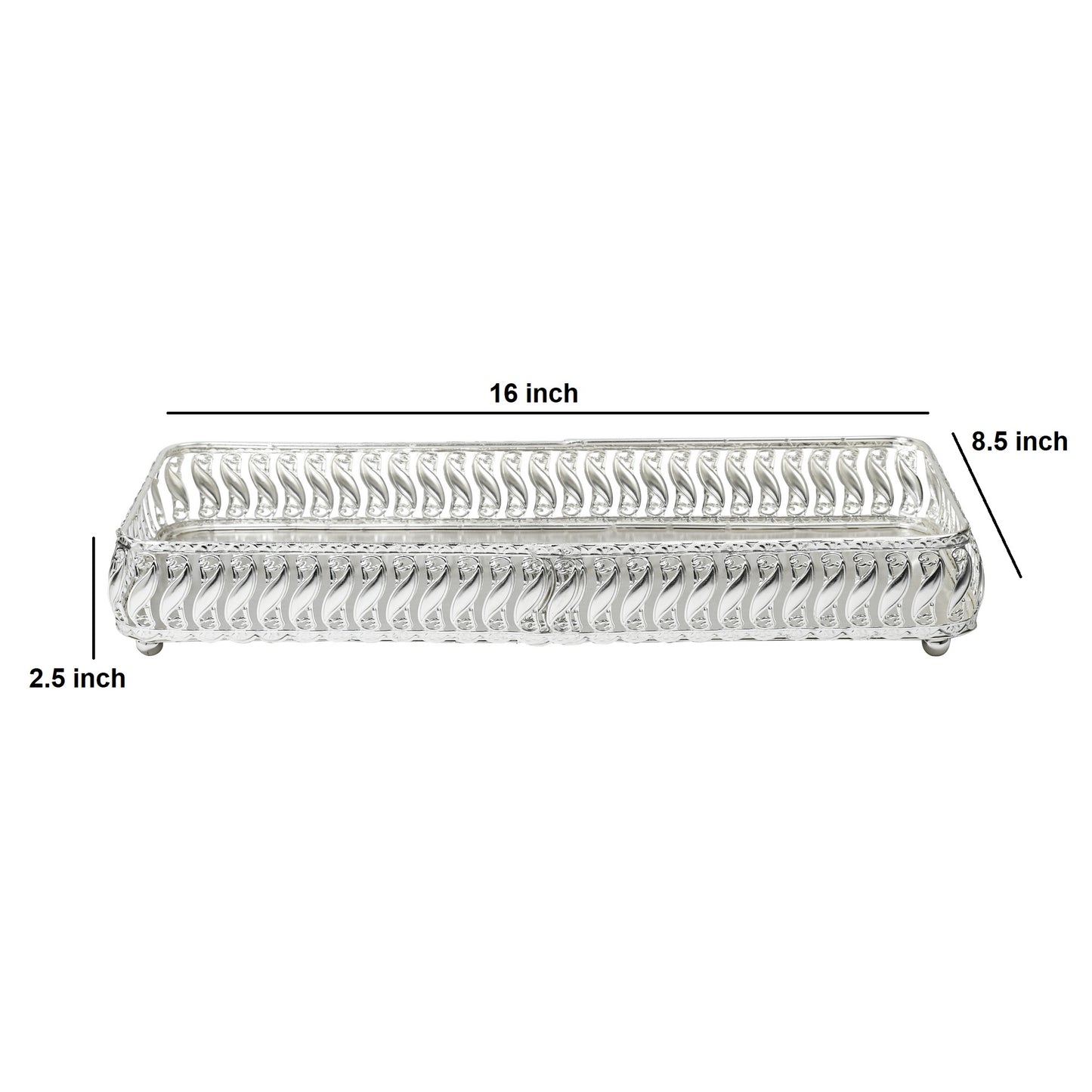 Rectangular Silver-Tone Ornate Tray – Scrolled Handles & Raised Edges for Serving, Display, or Decorative Centerpiece