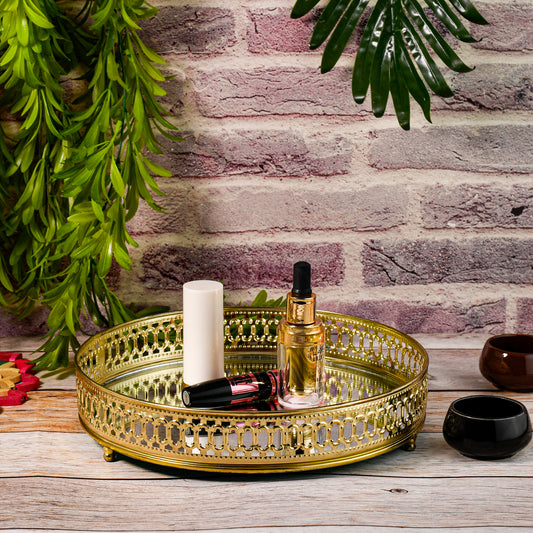 Elegant Round Gold Metal Vanity Tray with Mirrored Base