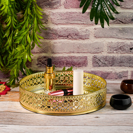 Ornate Round Gold Metal Vanity Tray with Mirror Base