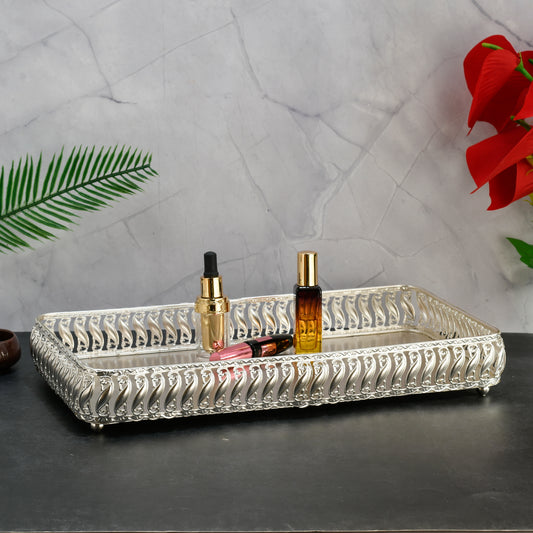 Rectangular Silver-Tone Ornate Vanity Tray with Raised Edges