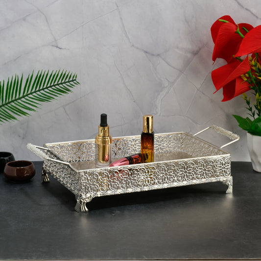 Rectangular Silver-Tone Ornate Tray with Scrolled Handles and Raised Edges