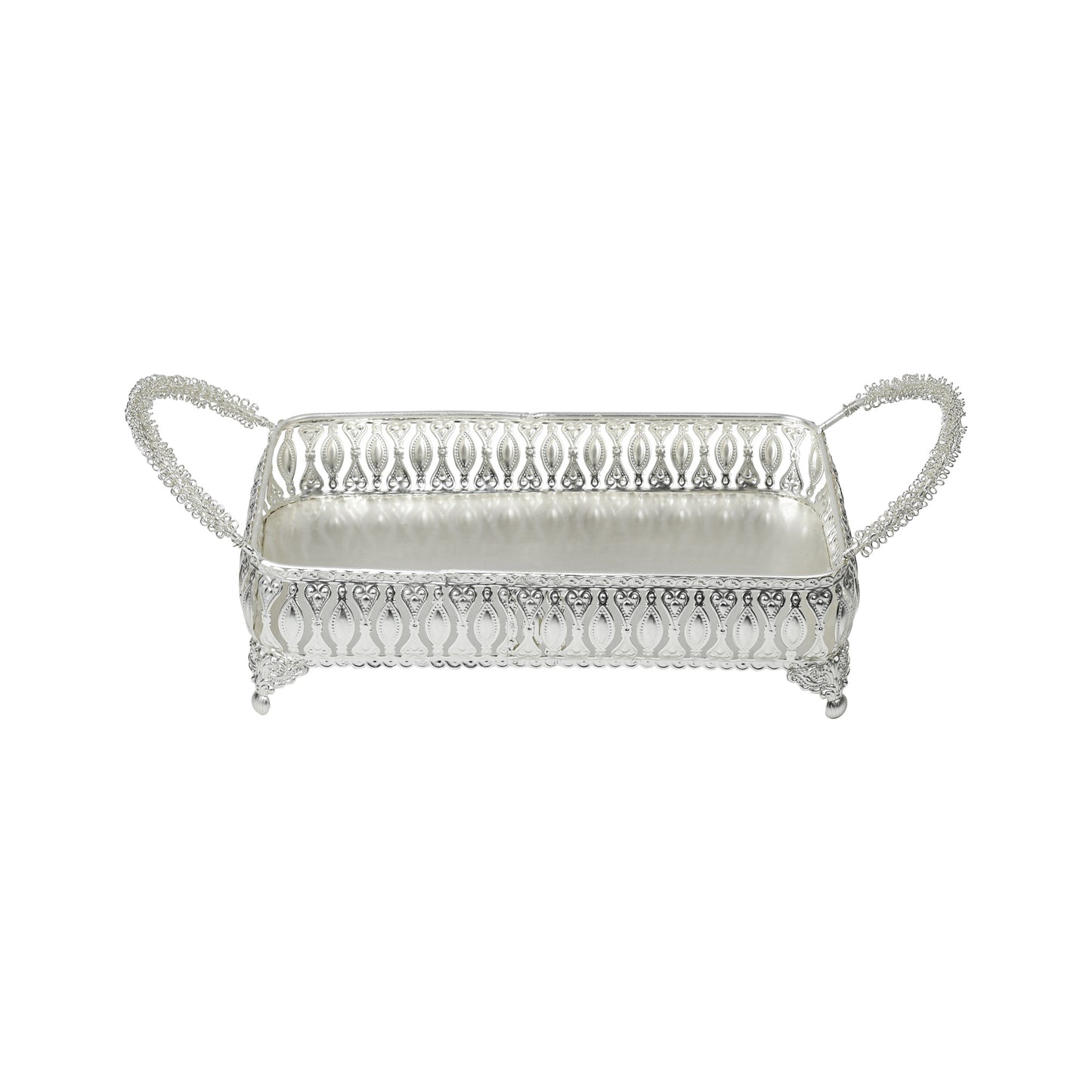Rectangular Silver-Tone Ornate Tray – Scrolled Handles & Raised Edges for Serving, Display, or Decorative Centerpiece