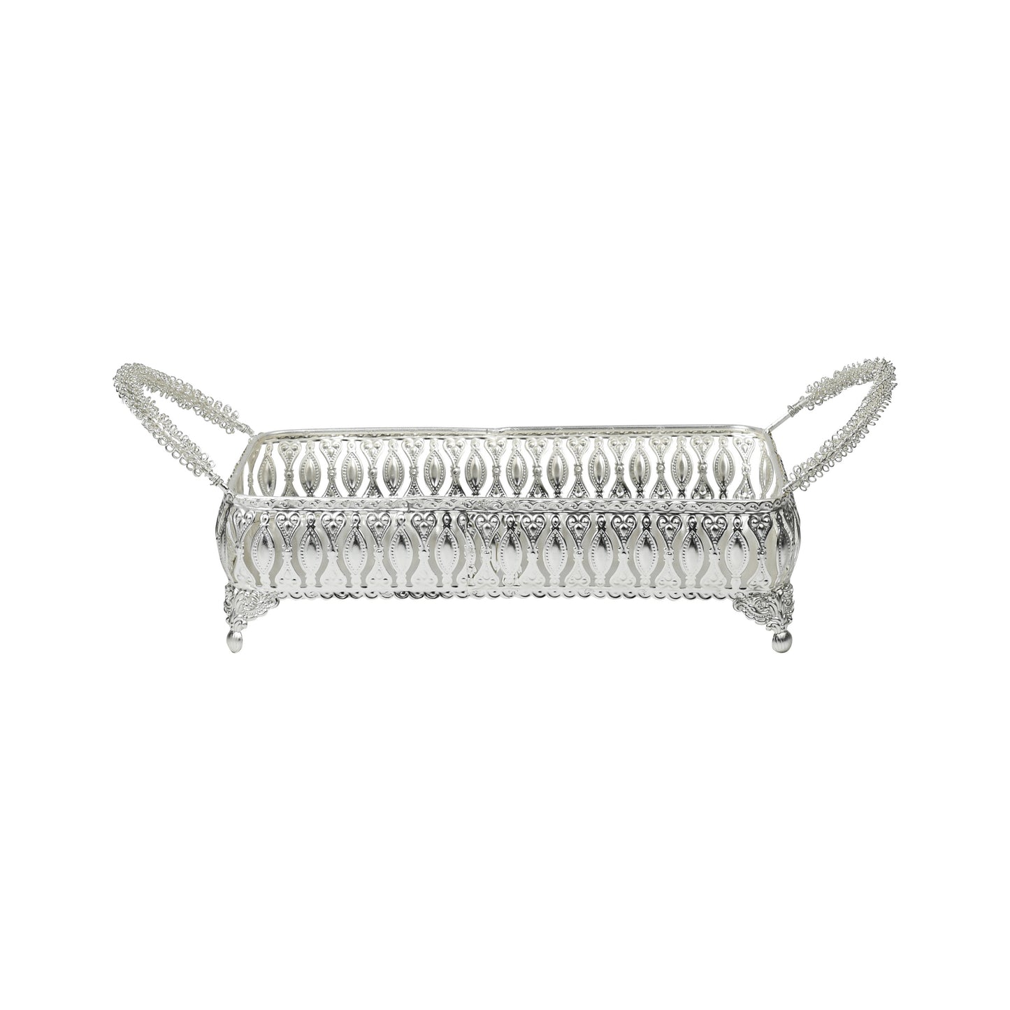 Rectangular Silver-Tone Ornate Tray – Scrolled Handles & Raised Edges for Serving, Display, or Decorative Centerpiece