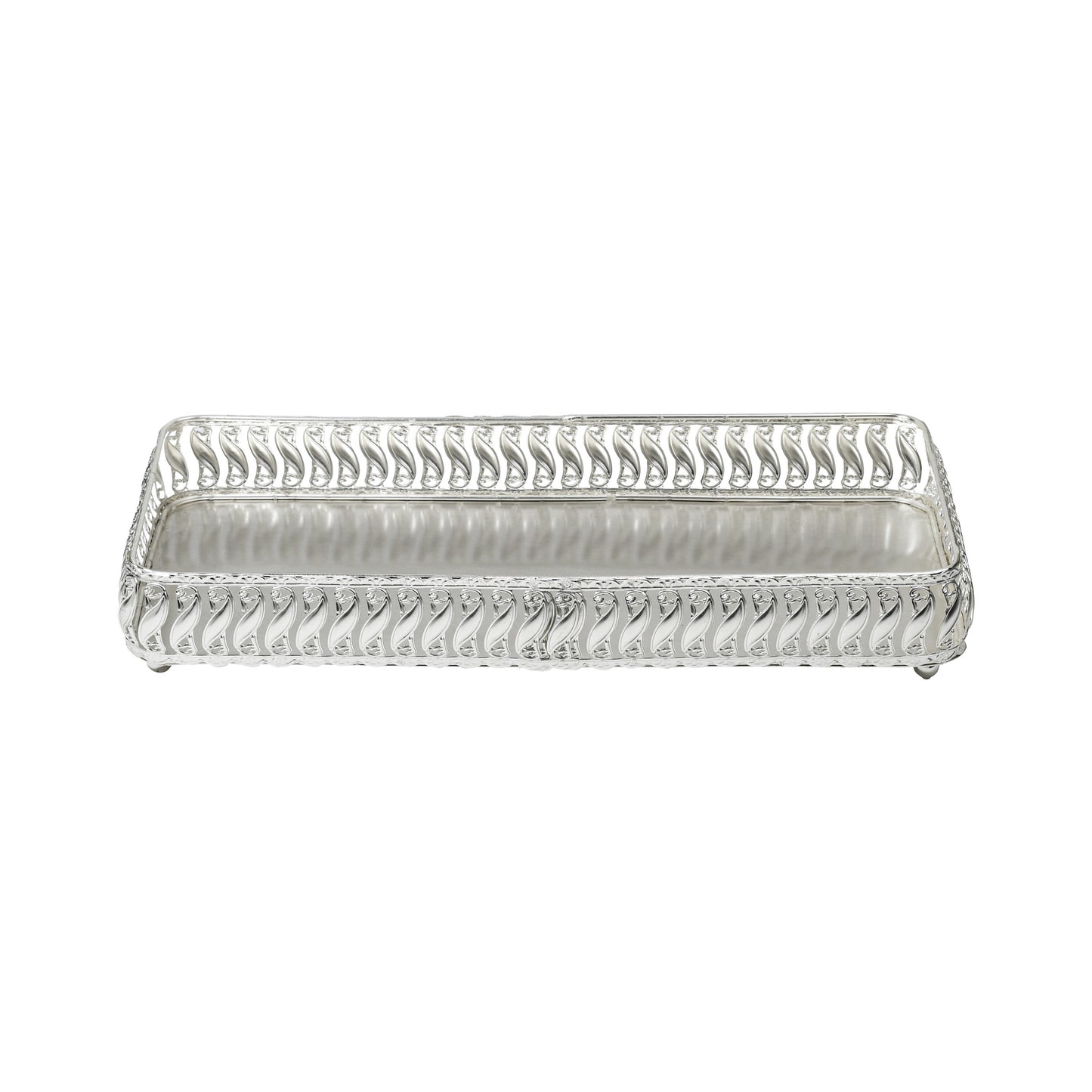 Rectangular Silver-Tone Ornate Tray – Scrolled Handles & Raised Edges for Serving, Display, or Decorative Centerpiece