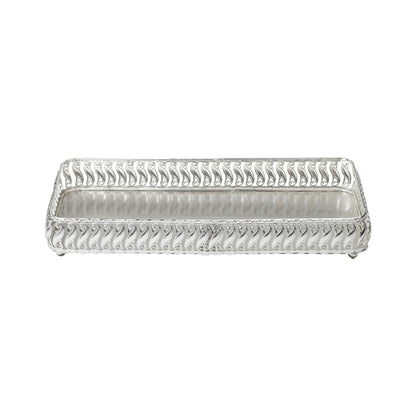 Rectangular Silver-Tone Ornate Tray – Scrolled Handles & Raised Edges for Serving, Display, or Decorative Centerpiece