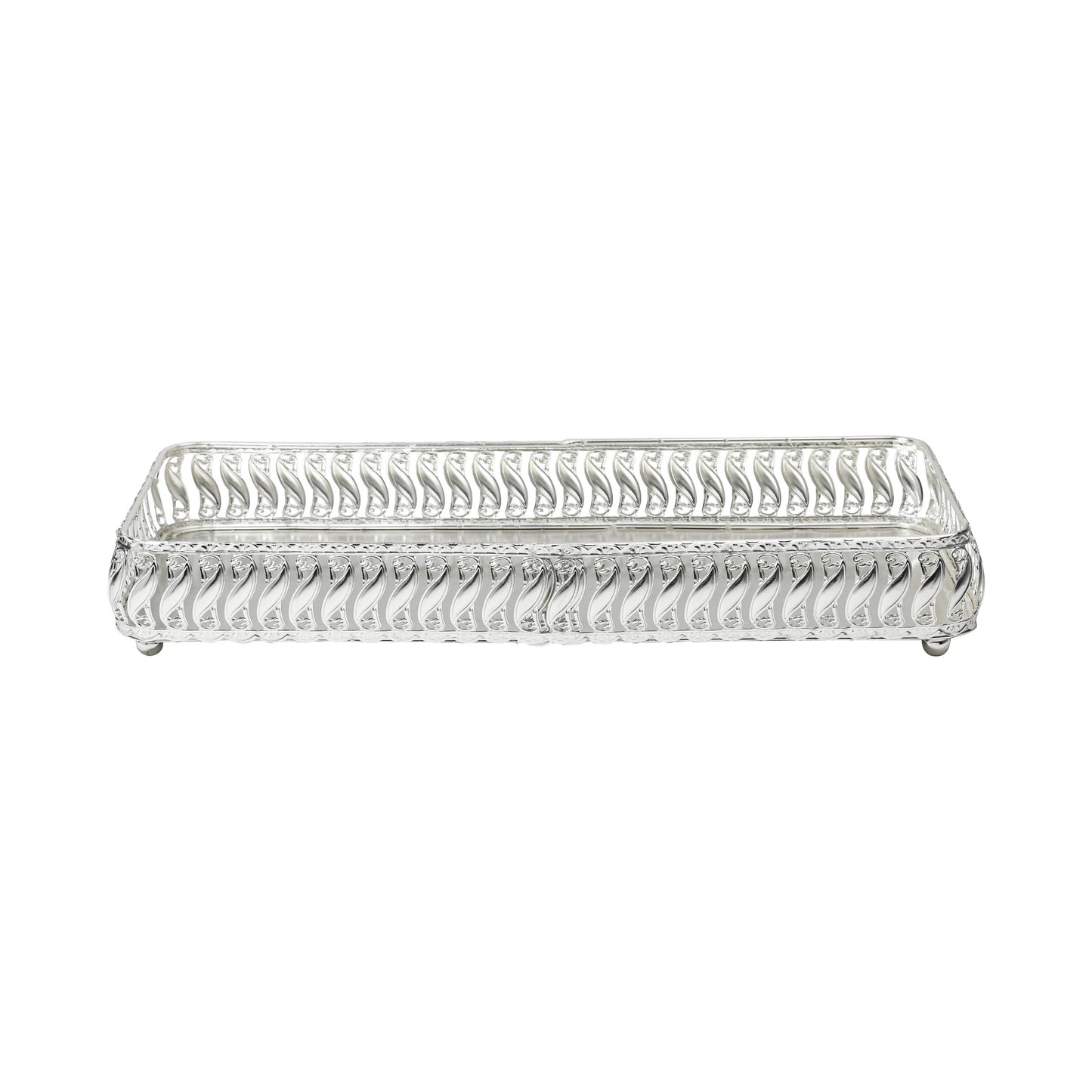 Rectangular Silver-Tone Ornate Tray – Scrolled Handles & Raised Edges for Serving, Display, or Decorative Centerpiece