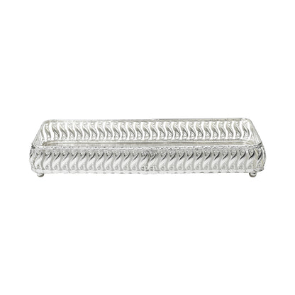 Rectangular Silver-Tone Ornate Tray – Scrolled Handles & Raised Edges for Serving, Display, or Decorative Centerpiece