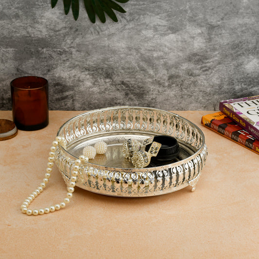 Ornate Silver-Plated Decorative Round Tray – Etched Base Design Serving Platter for Dining Table, Events & Home Décor