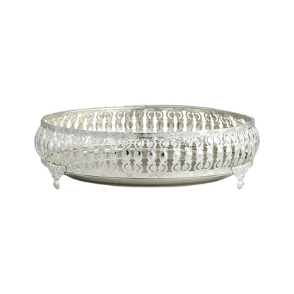 Ornate Silver-Plated Decorative Round Tray – Etched Base Design Serving Platter for Dining Table, Events & Home Décor