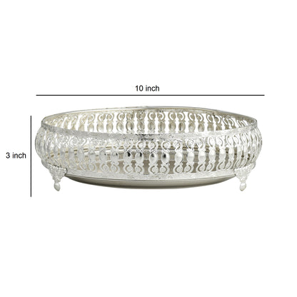 Ornate Silver-Plated Decorative Round Tray – Etched Base Design Serving Platter for Dining Table, Events & Home Décor