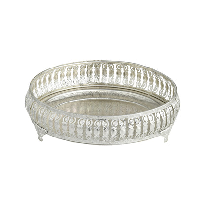 Ornate Silver-Plated Decorative Round Tray – Etched Base Design Serving Platter for Dining Table, Events & Home Décor