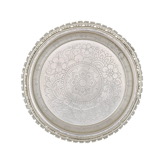 Ornate Silver-Plated Decorative Round Tray – Etched Base Design Serving Platter for Dining Table, Events & Home Décor
