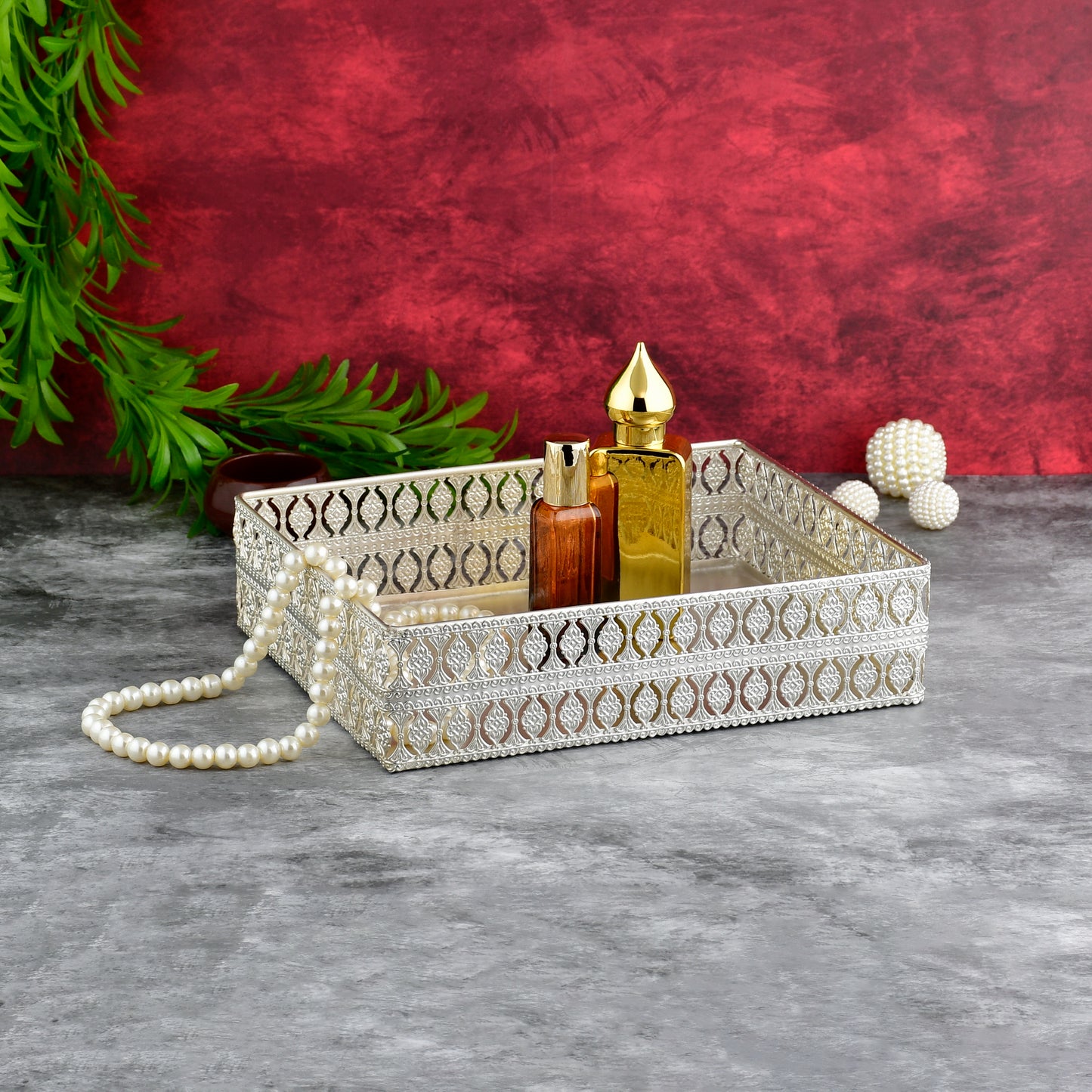 Luxury Rectangular Metal Vanity Tray | Silver Plated