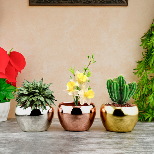 Trio of Lustrous Metallic Planters | Gold, Silver & Copper Plated
