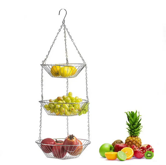 3-Tier Hanging Fruit Basket – Space-Saving Metal Wire Storage for Kitchen & Pantry