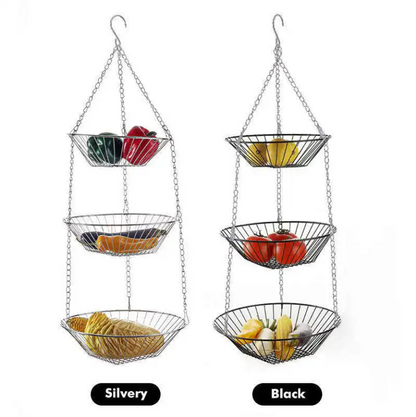 3-Tier Hanging Fruit Basket – Space-Saving Metal Wire Storage for Kitchen & Pantry