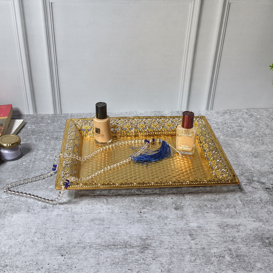 Elegant Golden Decorative Tray for Makeup, Jewelry & Home Décor – Antique Finish, Premium Design