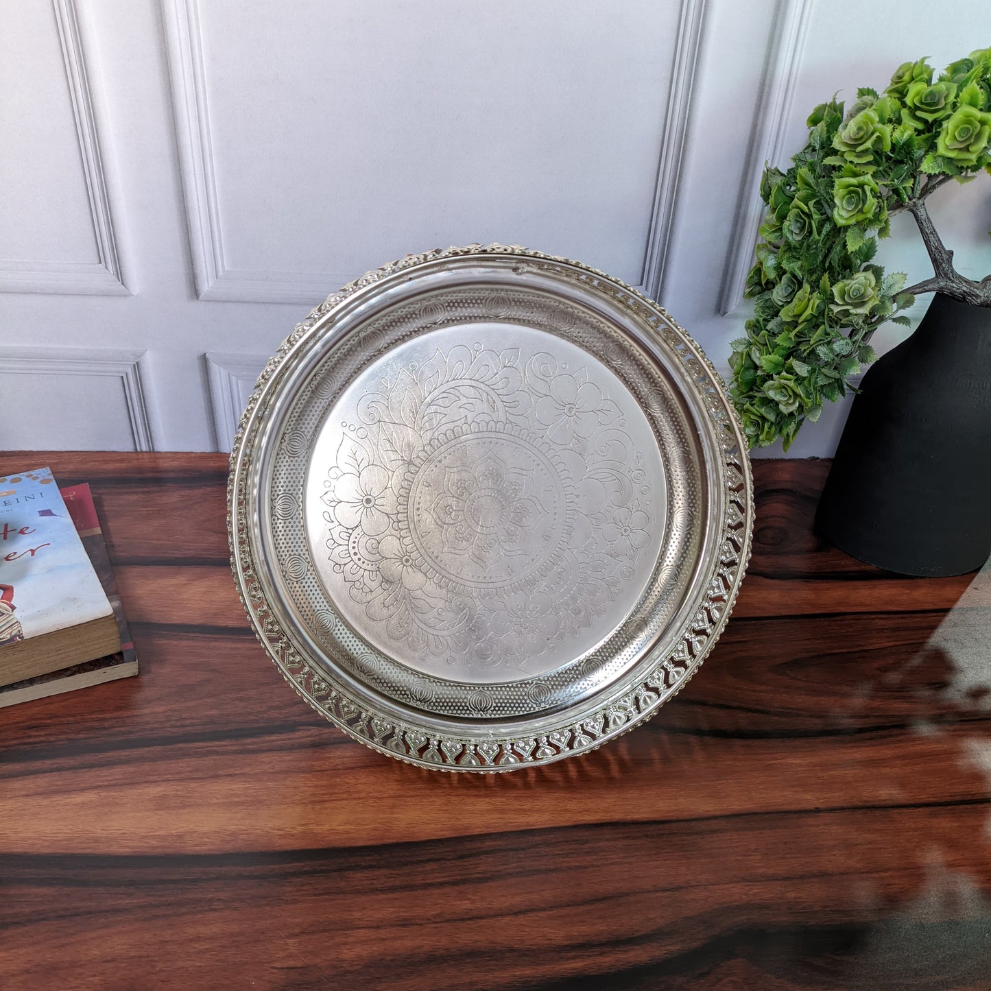 Elegant Silver-Plated Decorative Bowl for Home, Pooja & Festive Decor – Intricately Carved Traditional Design